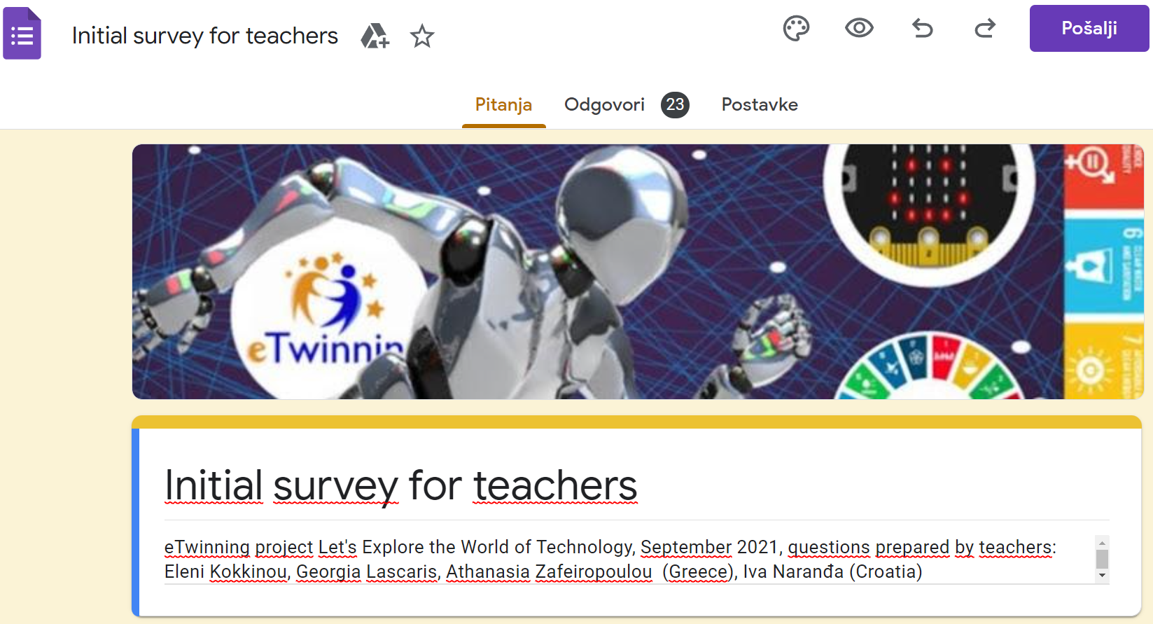 eTwinning projekt Let's Explore the World of Technology - inicijalni upitnik